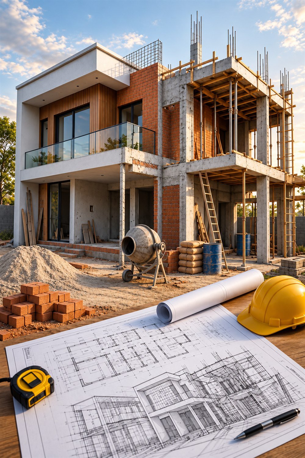 Maison contemporaine en chantier avec plans et matériel de construction au premier plan
