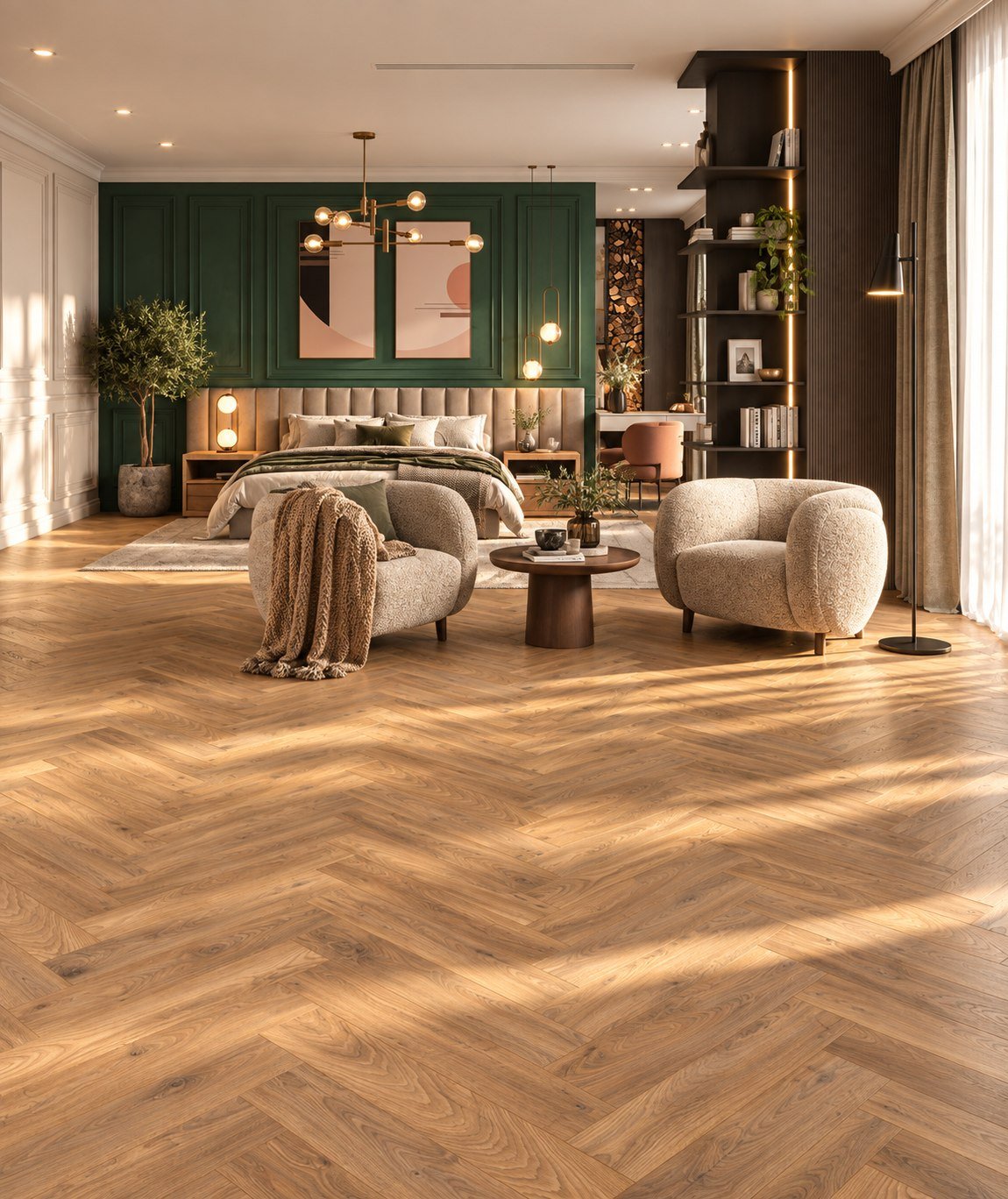 Chambre contemporaine aux panneaux vert profond et parquet en chêne